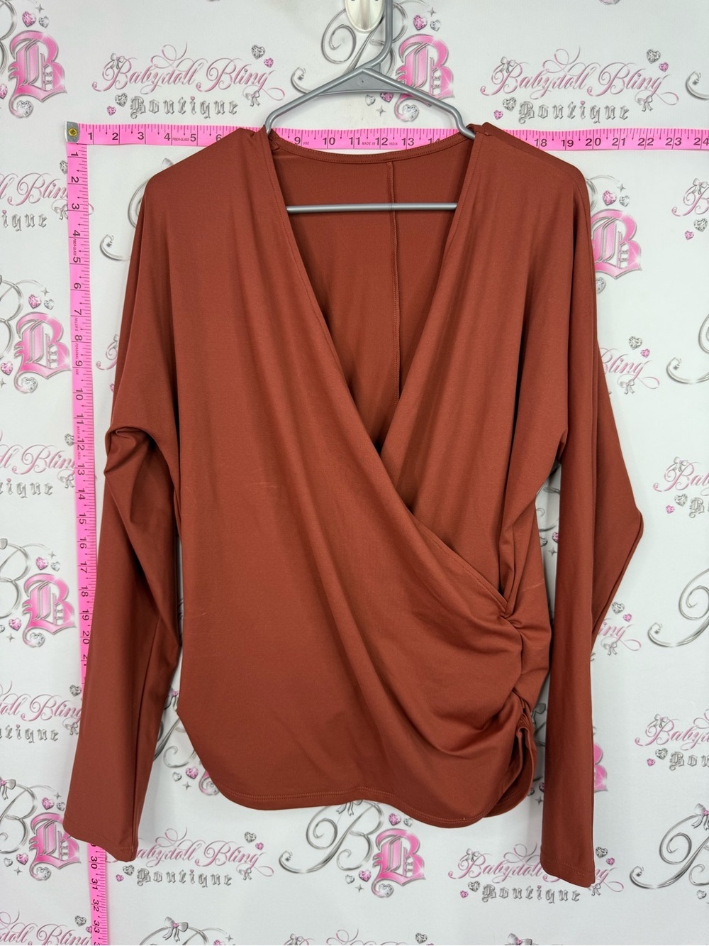 Women's Rust Wrap Front Long-Sleeve Top - Soft Draped Style